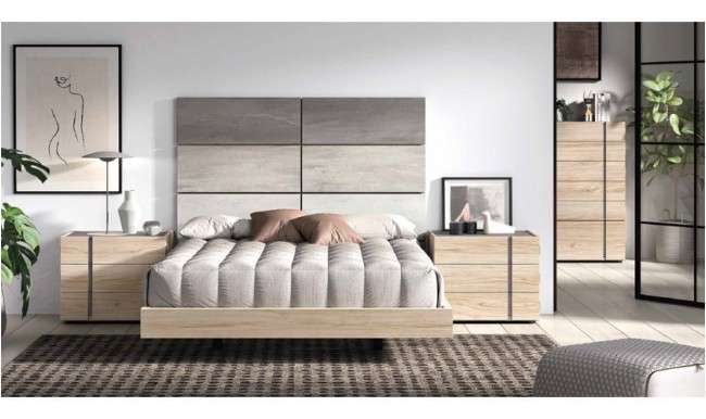 Dormitorio completo compuesto de cabecero, canapé y dos mesitas en madera  blanca y azul cobalto