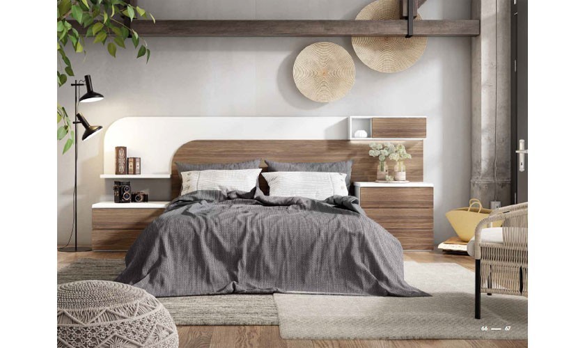 Dormitorio completo formado por cabecero y dos mesitas en madera blanco  mate con acabados en madera noceto