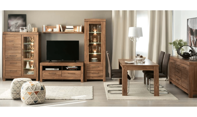 Composición salón módulo tv, vitrina, aparador y mesa centro